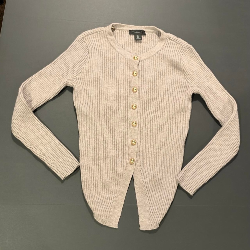 Tahari Tan Ribbed Knit Gold Button Cardigan Sweater Womens Size S
